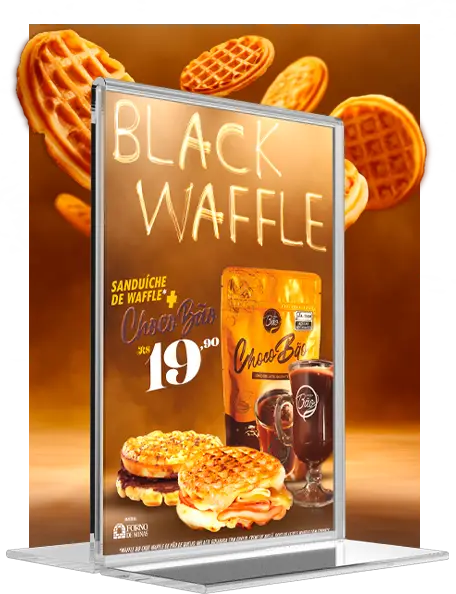 Painel contendo a promoção da Black Waffle Cheirin Bão, sanduiche de waffle + chocobão por R$ 19,90