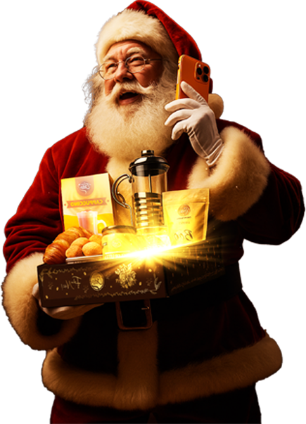 Papai noel segurando uma cesta de natal cheirin bão e atendendo um iphone 17 pro max